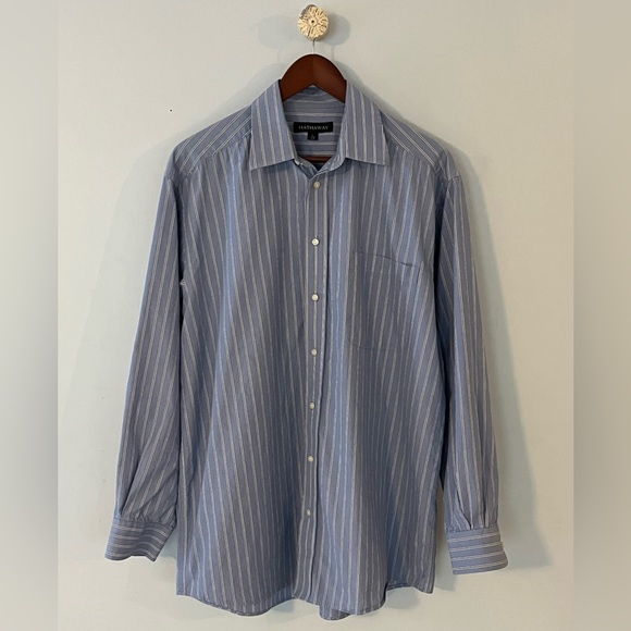 HATHAWAY BLUE STRIPED LONG SLEEVE DRESS SHIRT. SIZE LARGE ( 16 1/2 34-35) - Picture 2 of 7